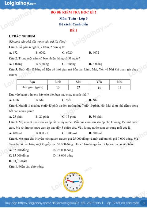 20 đề thi học kì 2 Toán 3 cánh diều có đáp án và lời giải chi tiết